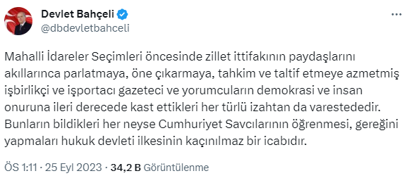 Bahçeli: Soylu'yu alakasının olmadığı yasa dışı ilişki ağlarında gösterme çabası müptezelliktir