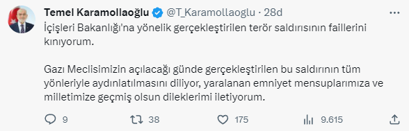 Ankara'da bakanlığa düzenlenen bombalı saldırı girişimi sonrası siyasilerden art arda mesajlar geldi