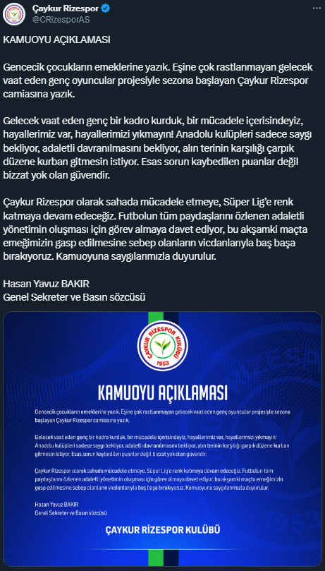 Rizespor'dan Galatasaray yenilgisi sonrası jet hızında açıklama: Hayallerimizi yıkmayın