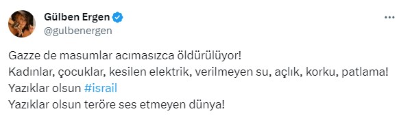 Gülben Ergen'den İsrail tepkisi: Masumlar acımasızca öldürülüyor, yazıklar olsun