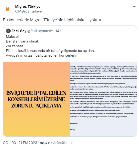 Migros Türkiye'den Fazıl Say açıklaması: Konser iptalleriyle alakamız yok