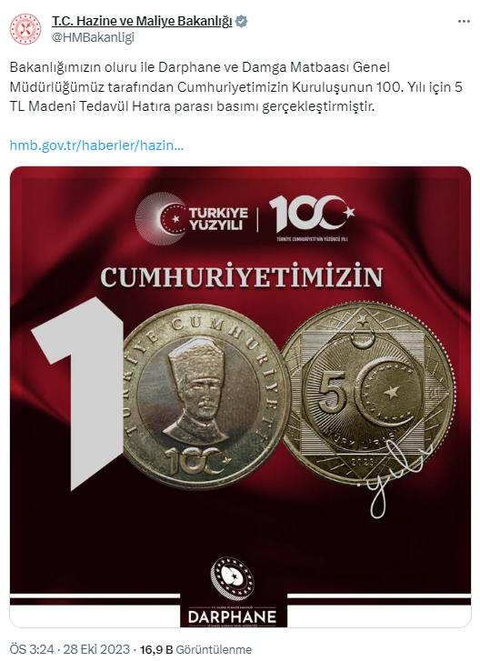 Cumhuriyet'in 100. yılına özel 5 TL'lik madeni para tedavüle giriyor