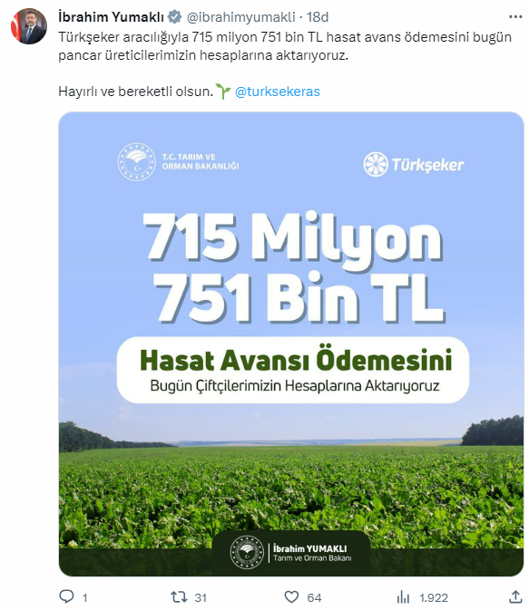 715 milyon liralık avans ödemesi bugün pancar üreticilerinin hesaplarında olacak