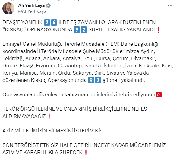 DEAŞ'e yönelik 26 ilde Kıskaç operasyonu! 92 şüpheli yakalandı