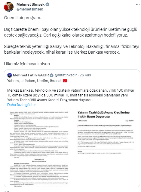 Bakan Şimşek: Yüksek teknoloji ürünlerine güçlü destek sağlanacak