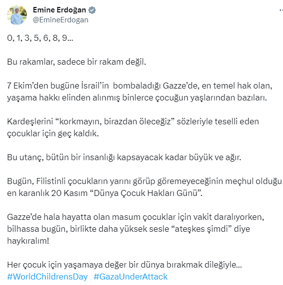 Emine Erdoğan'dan Dünya Çocuk Hakları Günü'nde Filistin için ateşkes çağrısı