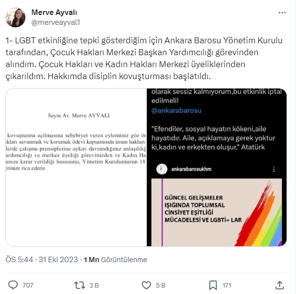 Ankara Barosu'nun LGBT+ etkinliğine tepki gösteren avukatın görevleri elinden alındı