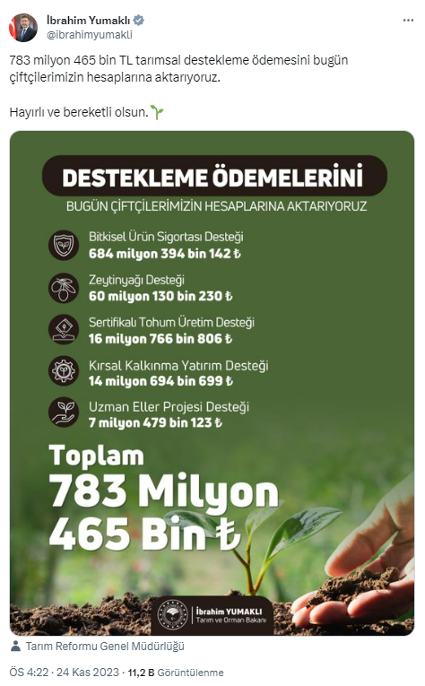 Bakan müjdeyi verdi! 783,5 milyon liralık destek bugün çiftçilerin hesaplarında olacak