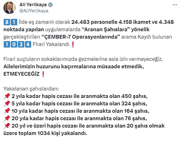 81 ilde eş zamanlı Çember Operasyonu! 1034 firari yakalandı