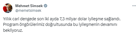 Bakan Şimşek'ten cari denge verisine ilk yorum: 2 ayda 7.3 milyar dolar iyileşme sağlandı, devamı gelecek