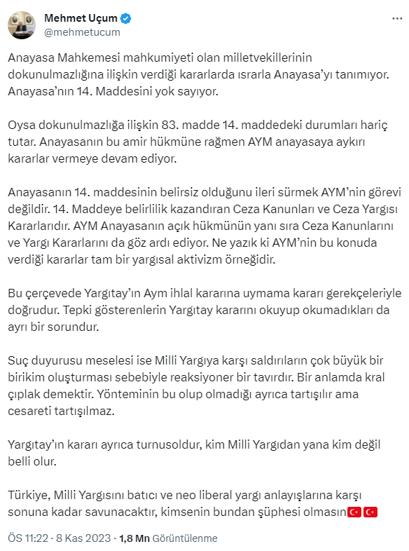 Cumhurbaşkanı Başdanışmanı Uçum: Yargıtay'ın AYM ihlal kararına uymama kararı gerekçeleriyle doğrudur