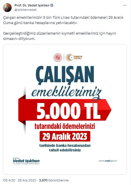 Çalışan emeklilerin 5 bin liralık ikramiyesi yarın hesaplarda olacak