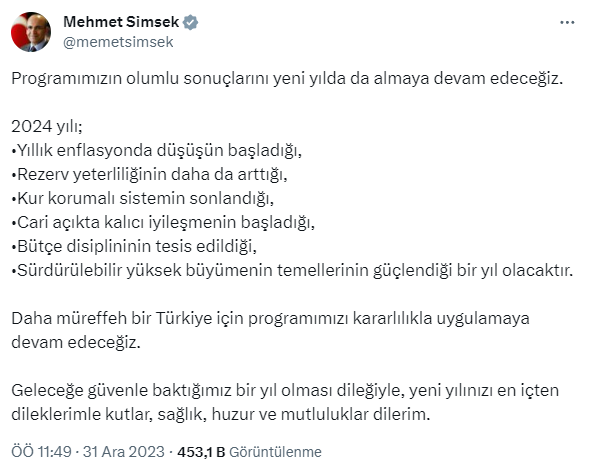 Bakan Şimşek: 2024, yıllık enflasyonda düşüşün başladığı bir yıl olacak