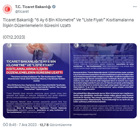 İkinci el araçların satışında 6 ay ve 6 bin kilometre şartı ile fiyat sınırlamasının süresi uzatıldı