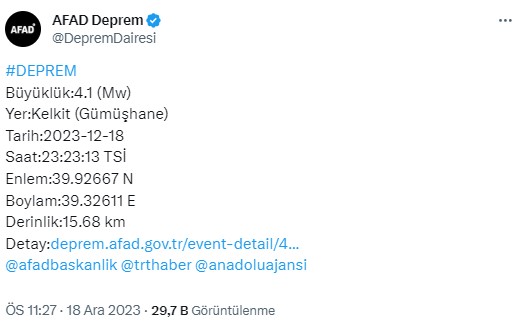 Gümüşhane'nin Kelkit ilçesinde 4,1 büyüklüğünde deprem