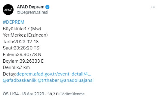 Gümüşhane'nin Kelkit ilçesinde 4,1 büyüklüğünde deprem