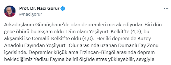 Naci Görür'den Gümüşhane'yi 22 saat arayla vuran depremlerle ilgili açıklama: Küçük ama stres yükleyebilir