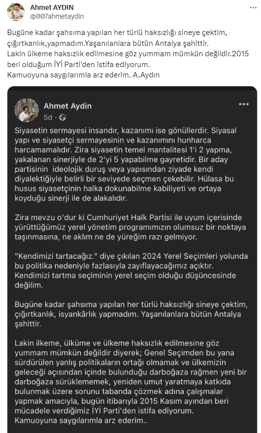 CHP'yle ittifak kapılarını kapatan İYİ Parti'de sular durulmuyor! Eski İl Başkanı zehir zemberek sözlerle istifa etti