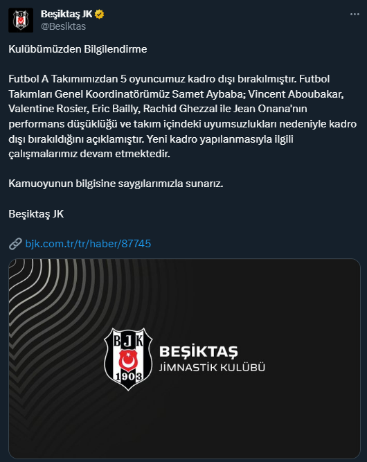 Beşiktaş, Aboubakar, Rosier, Bailly, Ghezzal ve Onana'yı kadrdo dışı bıraktı