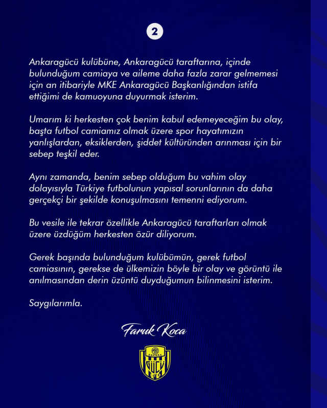 MKE Ankaragücü Kulübü Başkanı Faruk Koca görevinden istifa etti