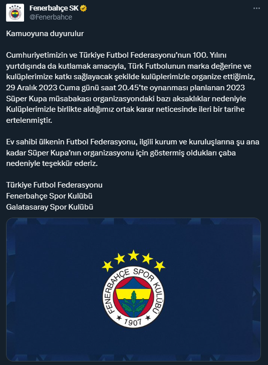 Fenerbahçe, Galatasaray ve TFF'den ortak açıklama: Süper Kupa finali ileri bir tarihe ertelendi