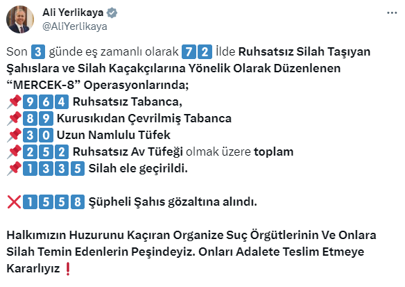 72 ilde dev operasyon! Ruhsatsız silah taşıyan 1558 kişi gözaltına alındı