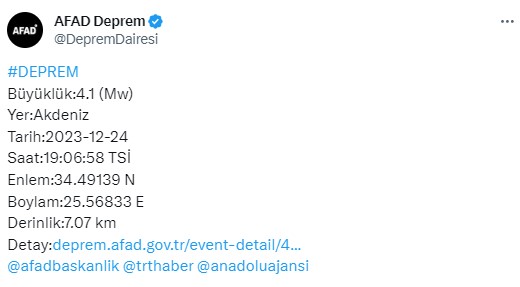 Akdeniz'de 4,1 ve 3,7 büyüklüğünde deprem