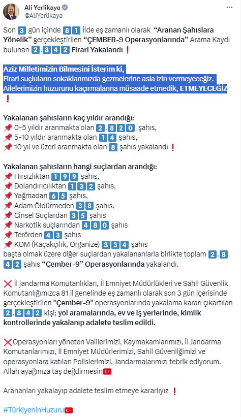 81 ilde eş zamanlı operasyon! Arama kaydı bulunan 2 bin 842 firari yakalandı