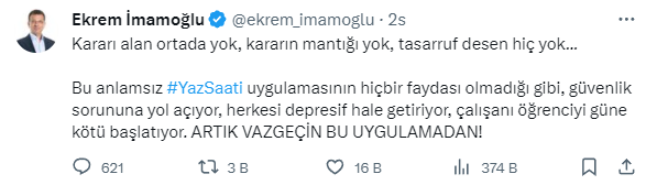 İmamoğlu'ndan yaz saati uygulamasına tepki! İsim vermeden Berat Albayrak'ı hedef aldı