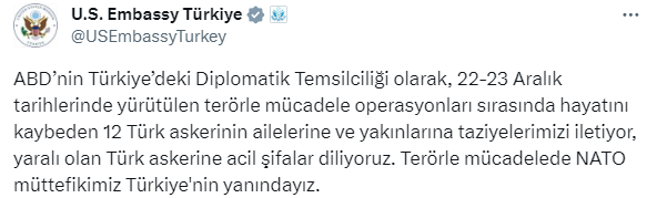 12 şehidimizin ardından ABD'den ilk açıklama: Müttefikimiz Türkiye'nin yanındayız