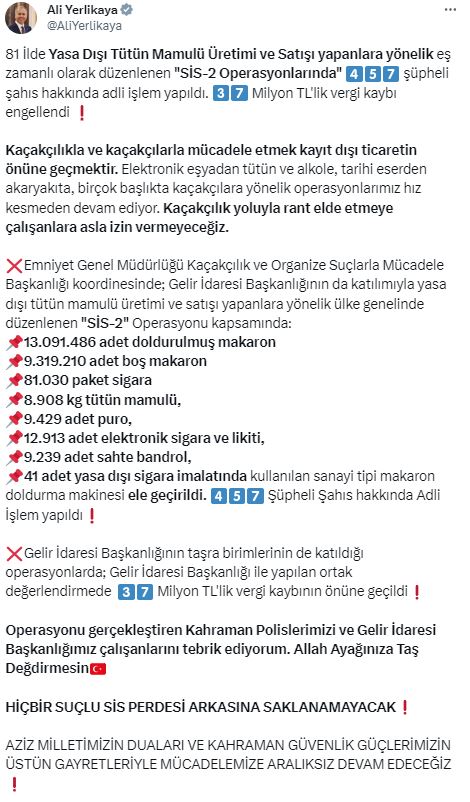 81 ilde eş zamanlı operasyon! 37 milyon TL'lik vergi kaybı engellendi