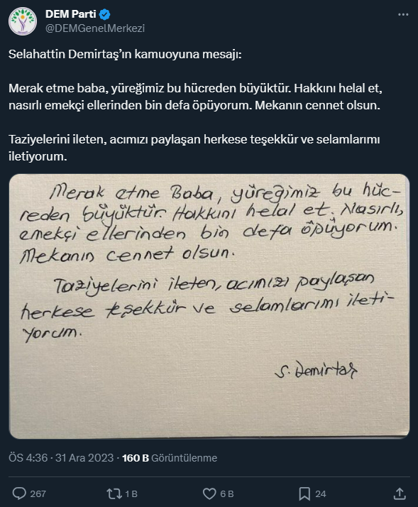 Selahattin Demirtaş, babasının ölümüyle ilgili cezaevinden mesaj paylaştı