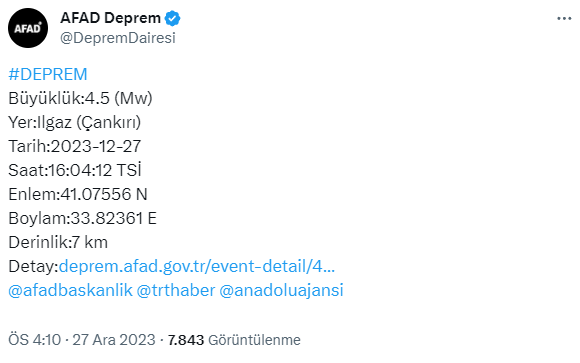 Çankırı'da 4.5 şiddetinde deprem