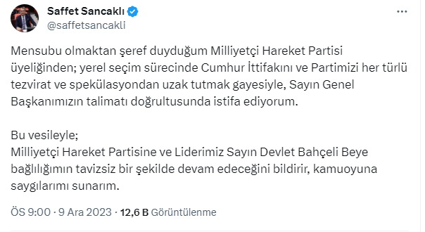 MHP Kocaeli Milletvekili Saffet Sancaklı, partisinden istifa etti