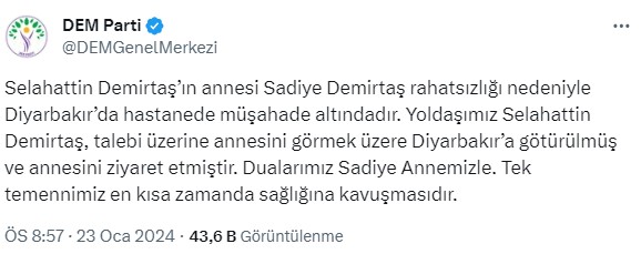 Selahattin Demirtaş annesinin rahatsızlığı nedeniyle Diyarbakır'a götürüldü