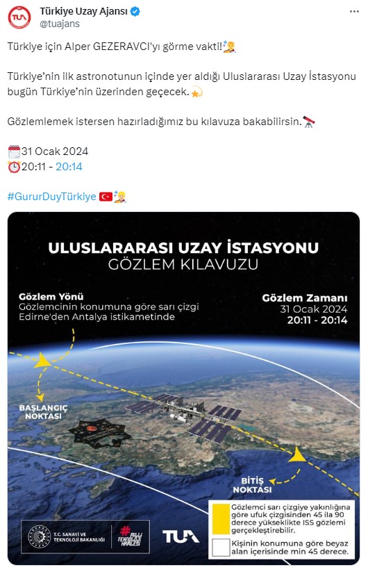 Alper Gezeravcı'nın içinde bulunduğu Uluslararası Uzay İstasyonu Türkiye'nin üzerinden geçecek