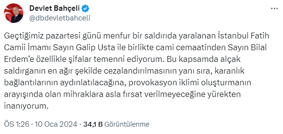 Bahçeli'den, Fatih Camii'ndeki bıçaklı saldırıyla ilgili ilk açıklama: Karanlık bağlantılar aydınlatılacak