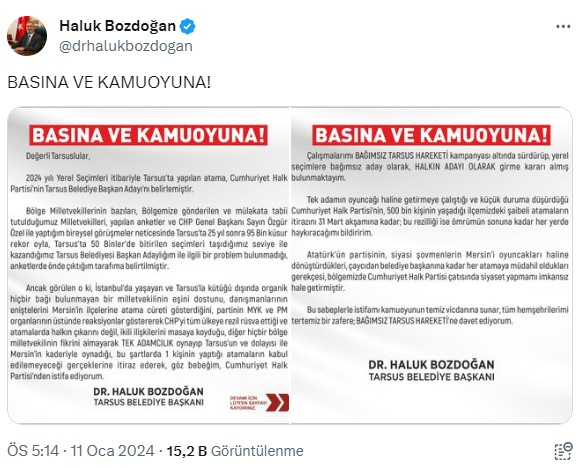 Yerine başkasının aday gösterildiği Tarsus Belediye Başkanı Haluk Bozdoğan CHP'den istifa etti