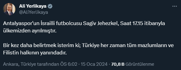 Bakan Yerlikaya: Antalyaspor'un İsrailli futbolcusu Jehezkel, ülkemizden ayrıldı