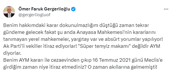 Gergerlioğlu'ndan Can Atalay'a destek: Umarım adalet yerini bulur o da Meclis'e gelir