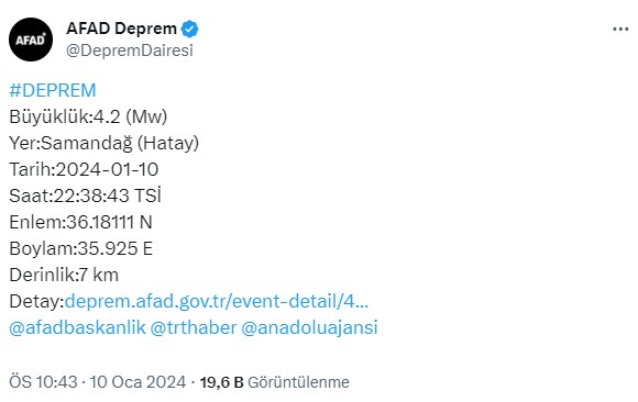 Hatay'da 4,2 büyüklüğünde deprem meydana geldi