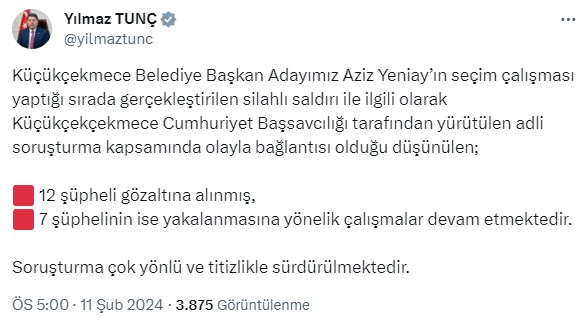 Adalet Bakanı Tunç: Küçükçekmece'deki saldırıyla ilgili 12 kişi gözaltına alındı, 7 kişi aranıyor