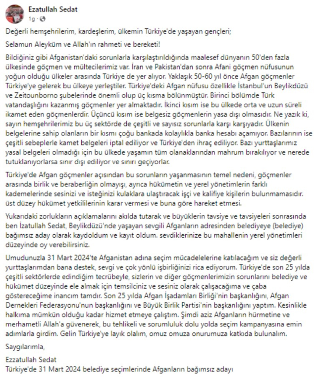 Afganistan Dernekleri Başkanı Ezatullah Sadat, Beylikdüzü'nden bağımsız belediye başkan adayı oldu