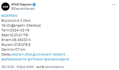 Malatya'da 4.3 büyüklüğünde deprem oldu