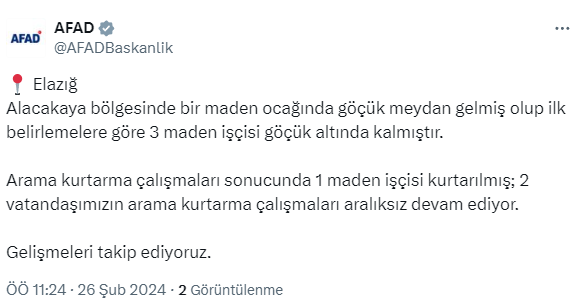 Elazığ'da maden ocağında göçük! 2 kişi toprak altında kaldı, ekipler olay yerinde