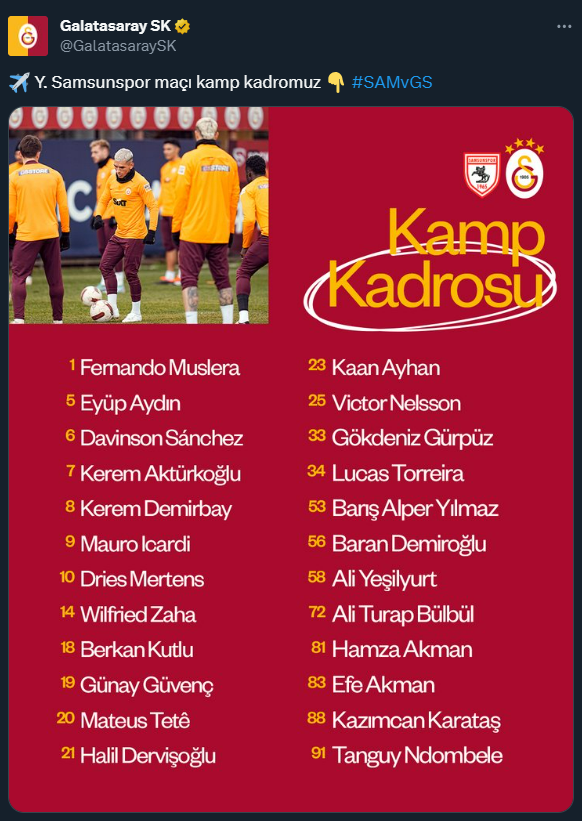 Tam 4 eksik! Galatasaray'ın Samsunspor kafilesi belli oldu