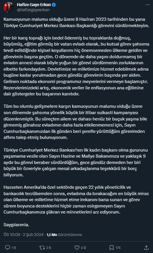 Merkez Bankası Başkanı Hafize Gaye Erkan, Cumhurbaşkanı Erdoğan'dan görevden affını istedi