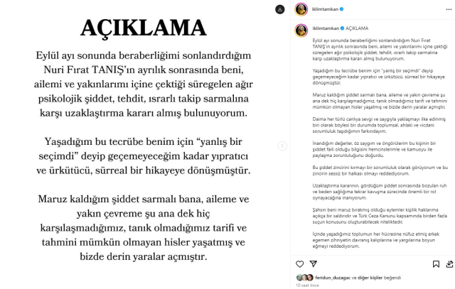 İklim Tamkan, eski sevgilisi Fırat Tanış hakkında uzaklaştırma kararı aldırdı