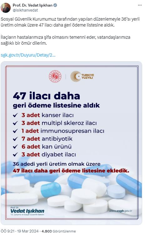 3'ü kanser, 47 ilaç geri ödeme kapsamına alındı