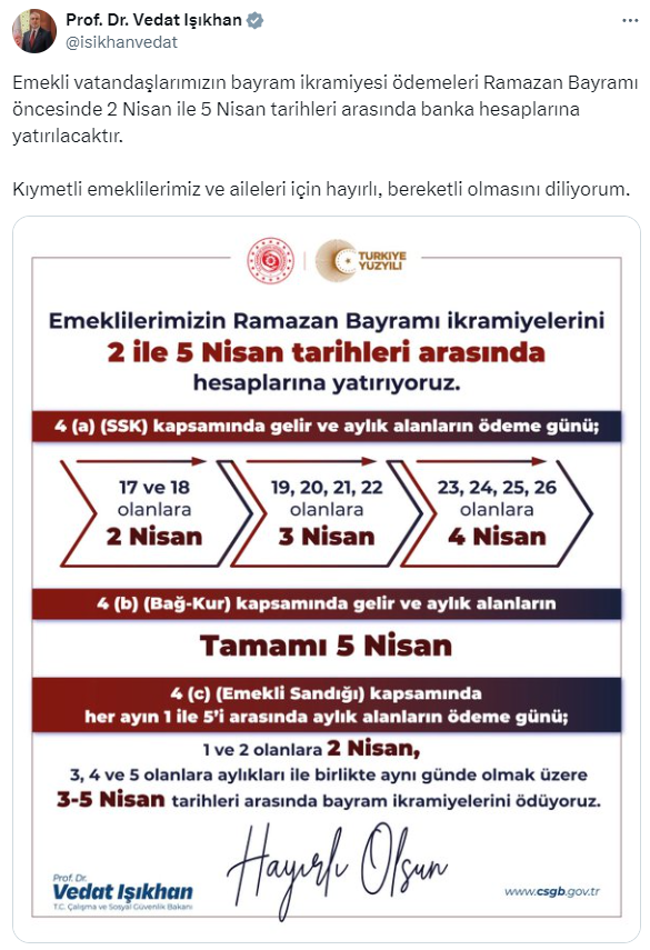 Emeklilerin bayram ikramiyesi ödemeleri 2 Nisan ile 5 Nisan arasında hesaplarına yatırılacak